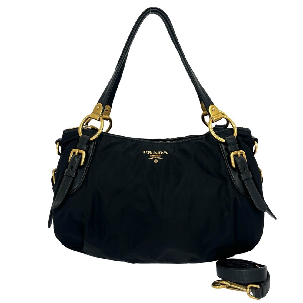 PRADA Prada Logo Hardware Nylon Leather Genuine 2-way Shoulder Bag Handbag Mi...